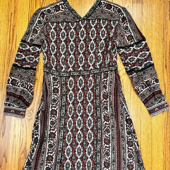 NEW Frye Boho Cottage brown paisley V-neck long sleeve pleated retro maxi dress - Picture 15 of 16